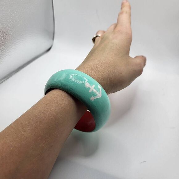 Sailor Style Teal and Red Bangle Bracelet with an Anchor - 1.25" wide - Picture 3 of 4